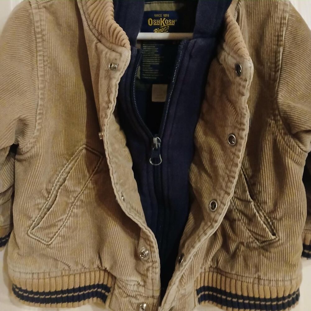 OshKosh tan corduroy bomber jacket zipper snaps navy hood patch 2T classic basic - Picture 5 of 6